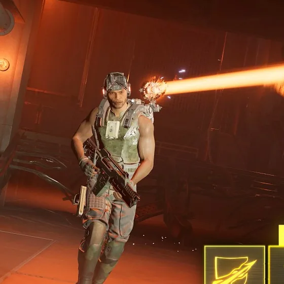 Hunter class marine using a particle weapon